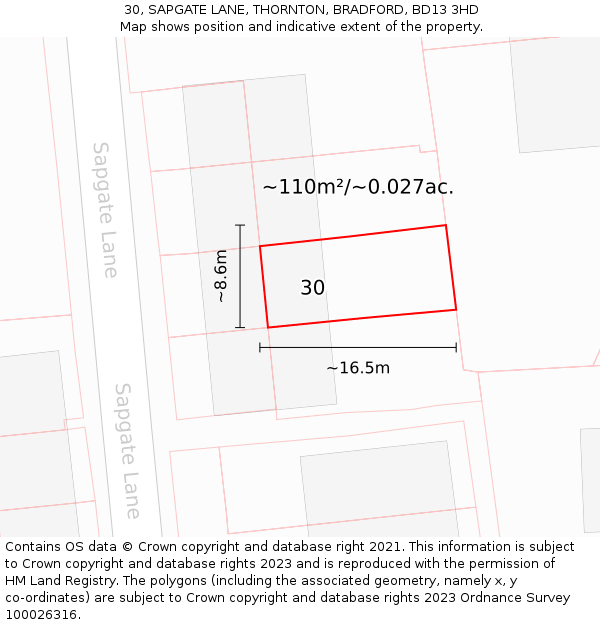 30, SAPGATE LANE, THORNTON, BRADFORD, BD13 3HD: Plot and title map