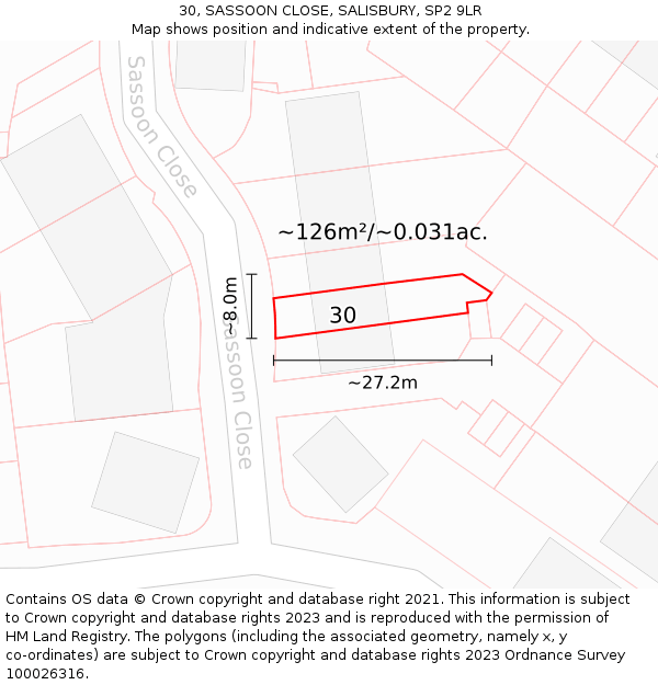 30, SASSOON CLOSE, SALISBURY, SP2 9LR: Plot and title map