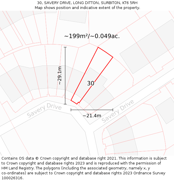 30, SAVERY DRIVE, LONG DITTON, SURBITON, KT6 5RH: Plot and title map