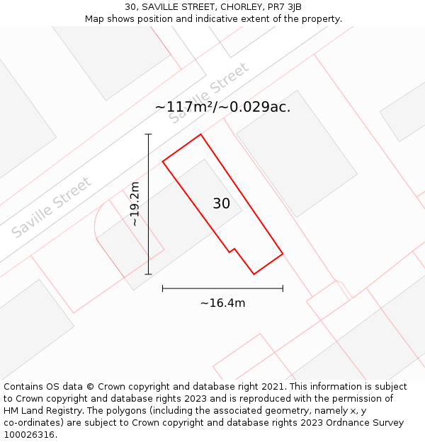 30, SAVILLE STREET, CHORLEY, PR7 3JB: Plot and title map