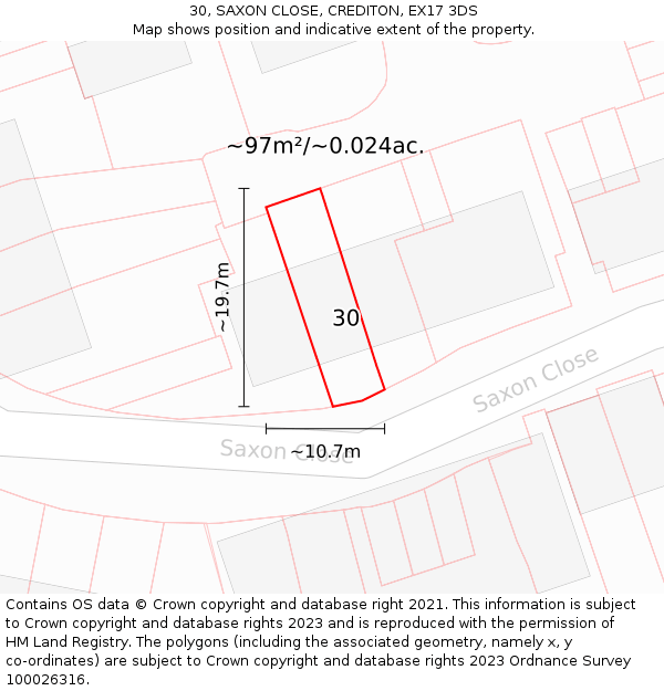 30, SAXON CLOSE, CREDITON, EX17 3DS: Plot and title map