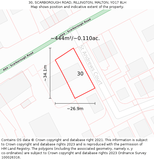 30, SCARBOROUGH ROAD, RILLINGTON, MALTON, YO17 8LH: Plot and title map