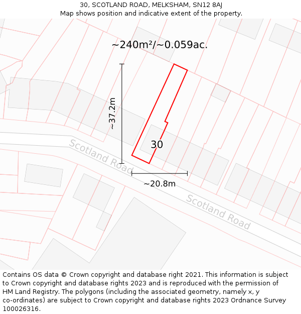 30, SCOTLAND ROAD, MELKSHAM, SN12 8AJ: Plot and title map