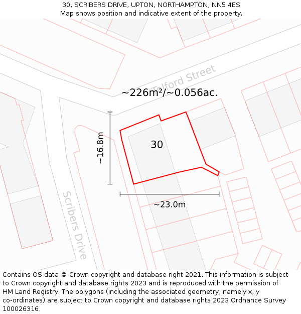 30, SCRIBERS DRIVE, UPTON, NORTHAMPTON, NN5 4ES: Plot and title map
