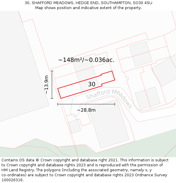 30, SHAFFORD MEADOWS, HEDGE END, SOUTHAMPTON, SO30 4SU: Plot and title map