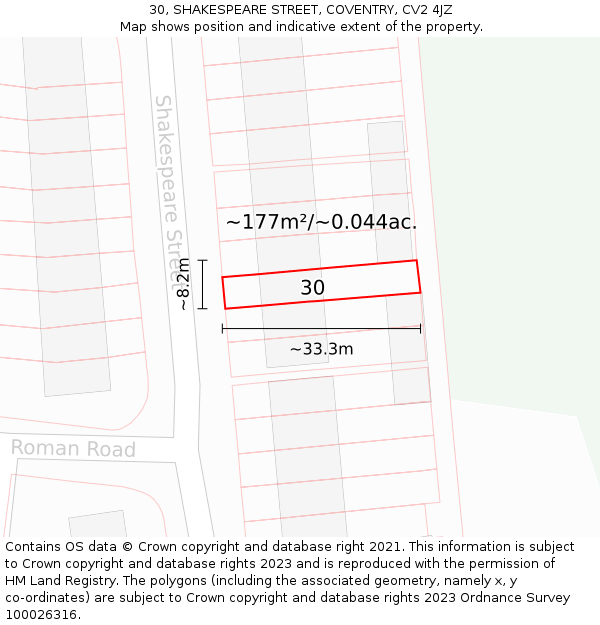 30, SHAKESPEARE STREET, COVENTRY, CV2 4JZ: Plot and title map