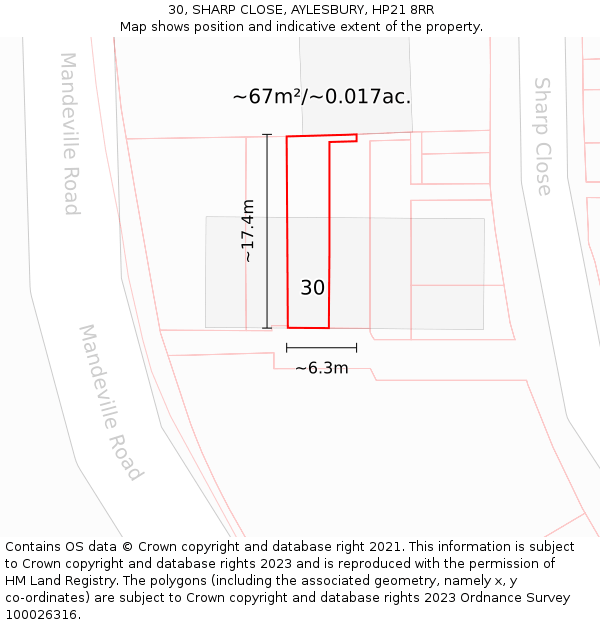 30, SHARP CLOSE, AYLESBURY, HP21 8RR: Plot and title map