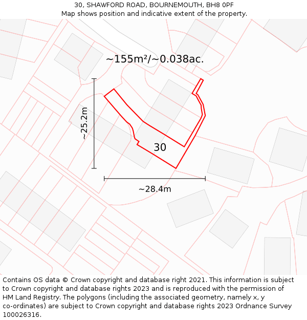 30, SHAWFORD ROAD, BOURNEMOUTH, BH8 0PF: Plot and title map