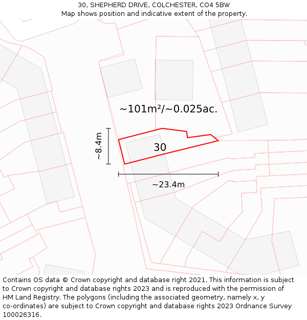 30, SHEPHERD DRIVE, COLCHESTER, CO4 5BW: Plot and title map