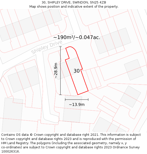 30, SHIPLEY DRIVE, SWINDON, SN25 4ZB: Plot and title map