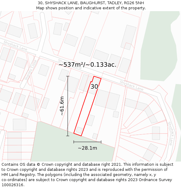 30, SHYSHACK LANE, BAUGHURST, TADLEY, RG26 5NH: Plot and title map