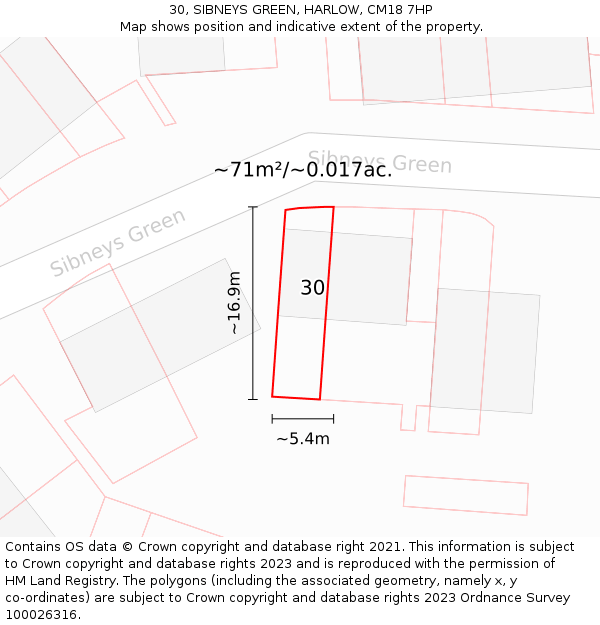 30, SIBNEYS GREEN, HARLOW, CM18 7HP: Plot and title map