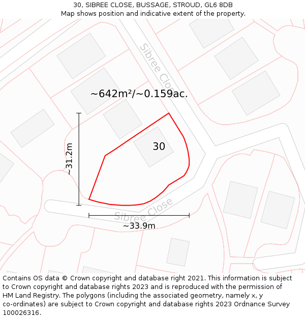 30, SIBREE CLOSE, BUSSAGE, STROUD, GL6 8DB: Plot and title map