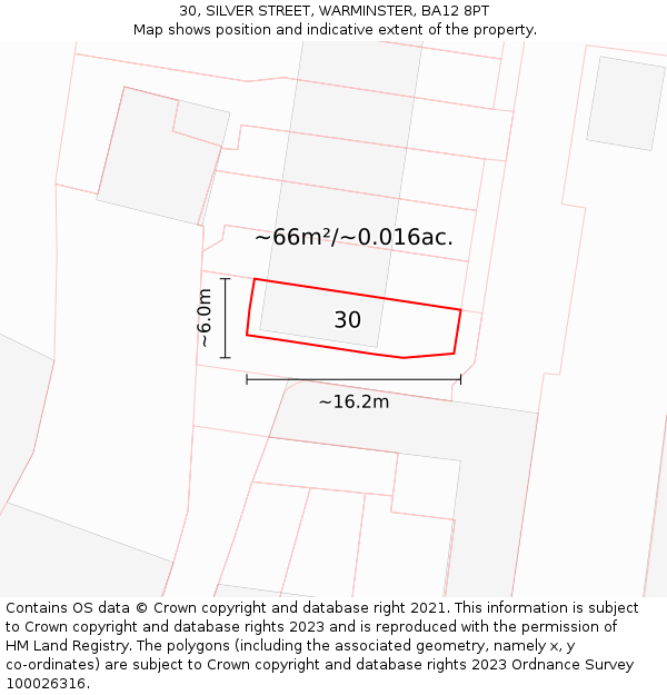 30, SILVER STREET, WARMINSTER, BA12 8PT: Plot and title map