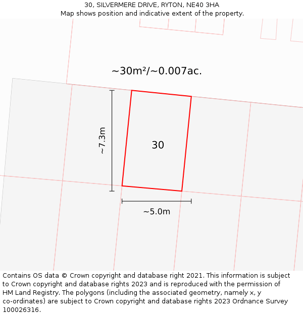 30, SILVERMERE DRIVE, RYTON, NE40 3HA: Plot and title map