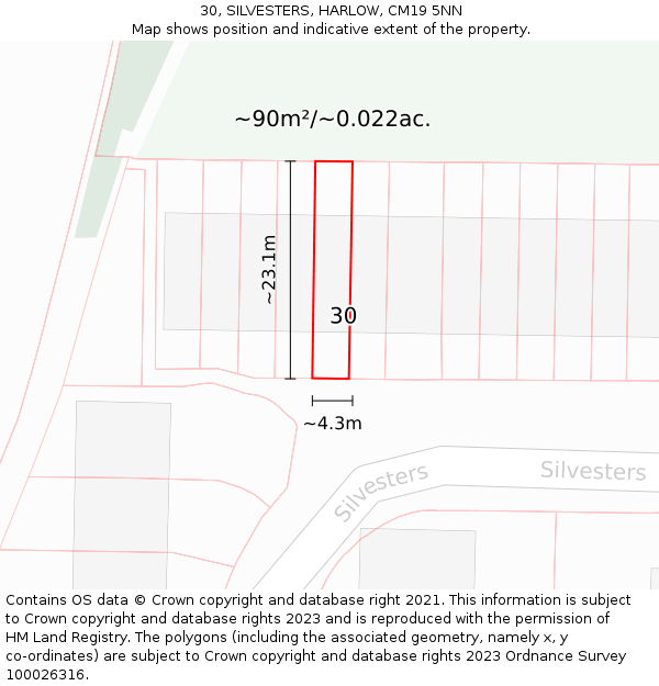 30, SILVESTERS, HARLOW, CM19 5NN: Plot and title map