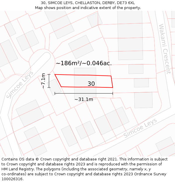 30, SIMCOE LEYS, CHELLASTON, DERBY, DE73 6XL: Plot and title map
