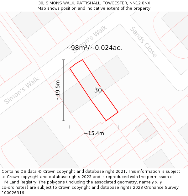 30, SIMONS WALK, PATTISHALL, TOWCESTER, NN12 8NX: Plot and title map