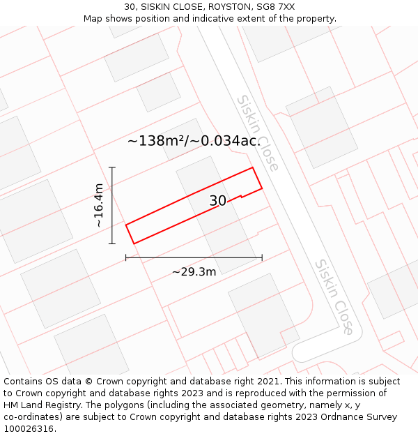30, SISKIN CLOSE, ROYSTON, SG8 7XX: Plot and title map