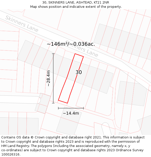 30, SKINNERS LANE, ASHTEAD, KT21 2NR: Plot and title map