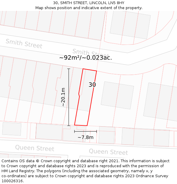 30, SMITH STREET, LINCOLN, LN5 8HY: Plot and title map