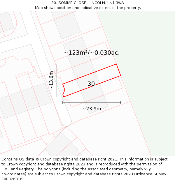 30, SOMME CLOSE, LINCOLN, LN1 3WA: Plot and title map
