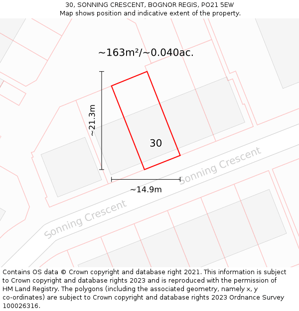 30, SONNING CRESCENT, BOGNOR REGIS, PO21 5EW: Plot and title map