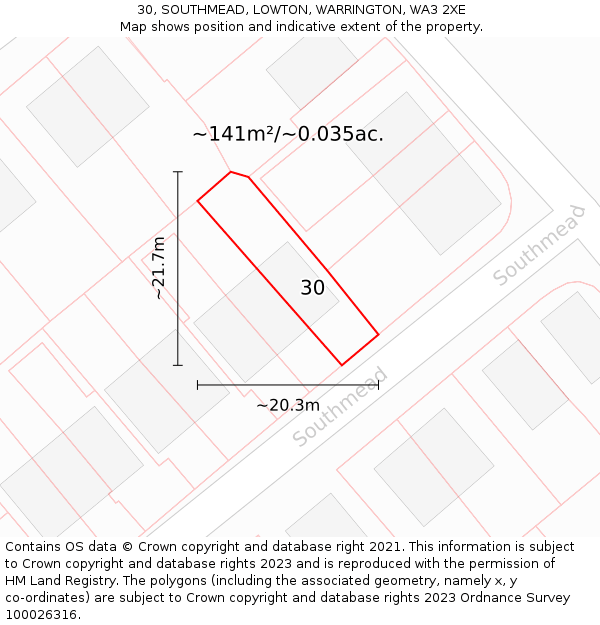 30, SOUTHMEAD, LOWTON, WARRINGTON, WA3 2XE: Plot and title map
