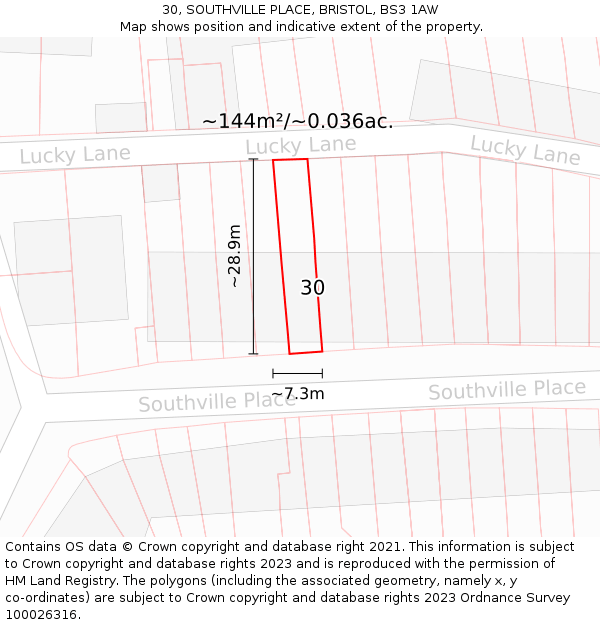 30, SOUTHVILLE PLACE, BRISTOL, BS3 1AW: Plot and title map