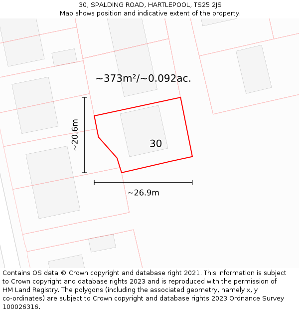 30, SPALDING ROAD, HARTLEPOOL, TS25 2JS: Plot and title map