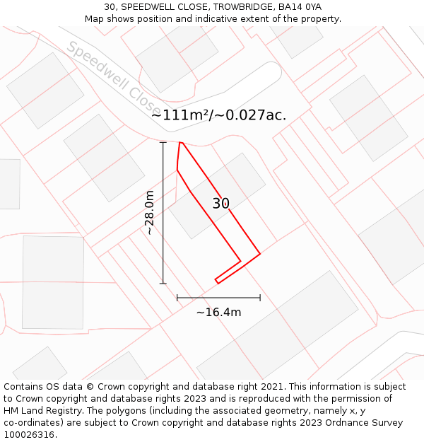 30, SPEEDWELL CLOSE, TROWBRIDGE, BA14 0YA: Plot and title map