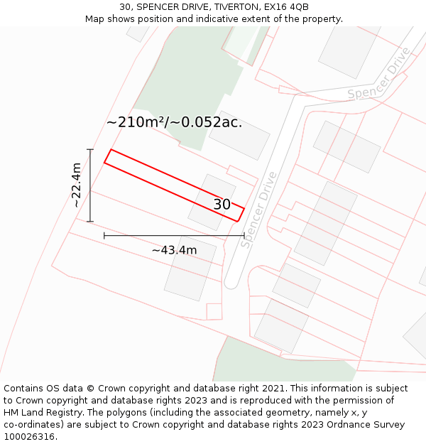 30, SPENCER DRIVE, TIVERTON, EX16 4QB: Plot and title map