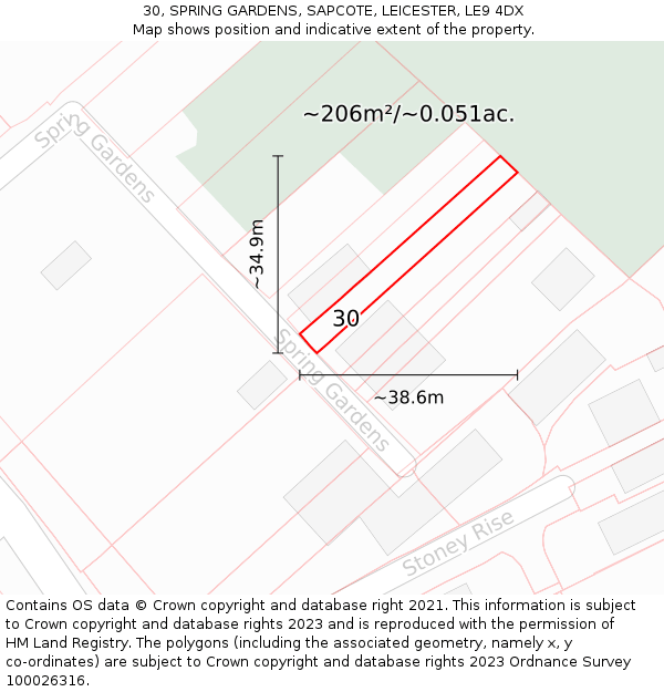 30, SPRING GARDENS, SAPCOTE, LEICESTER, LE9 4DX: Plot and title map