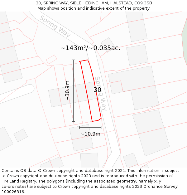 30, SPRING WAY, SIBLE HEDINGHAM, HALSTEAD, CO9 3SB: Plot and title map