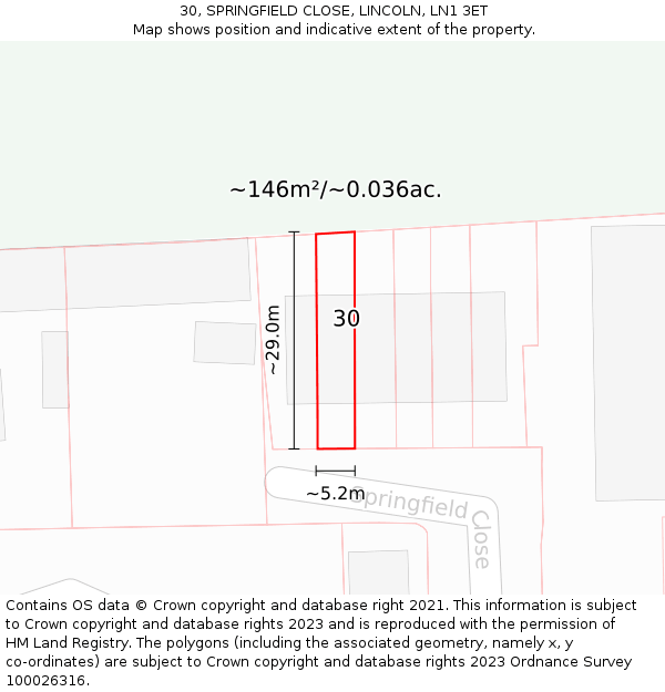 30, SPRINGFIELD CLOSE, LINCOLN, LN1 3ET: Plot and title map