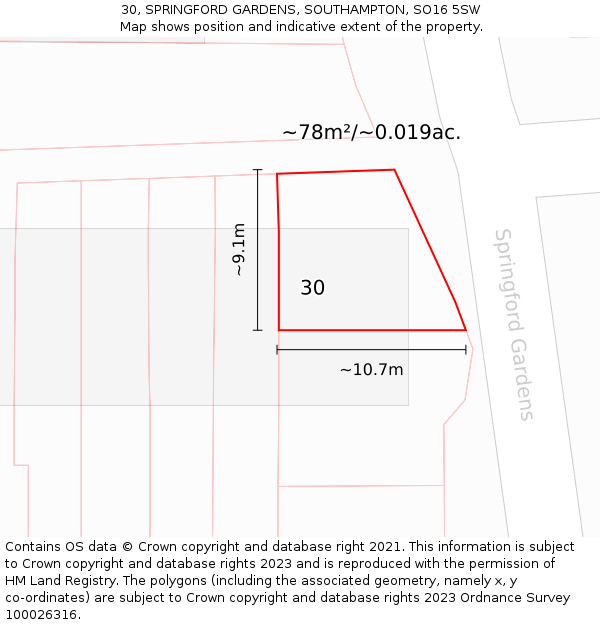 30, SPRINGFORD GARDENS, SOUTHAMPTON, SO16 5SW: Plot and title map