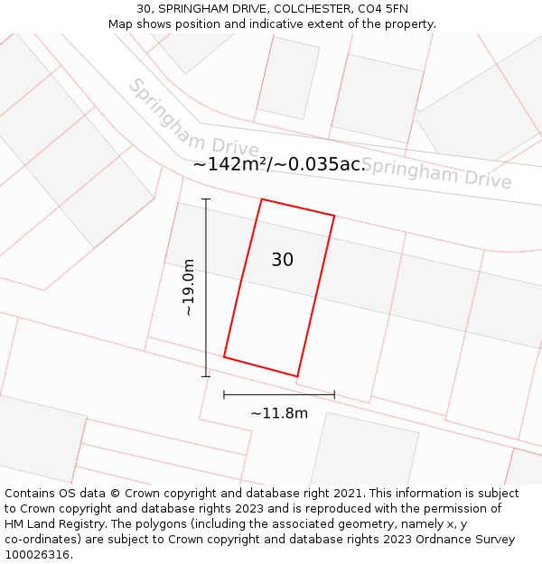 30, SPRINGHAM DRIVE, COLCHESTER, CO4 5FN: Plot and title map