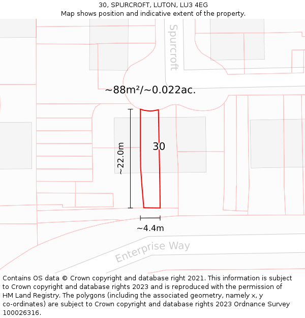 30, SPURCROFT, LUTON, LU3 4EG: Plot and title map
