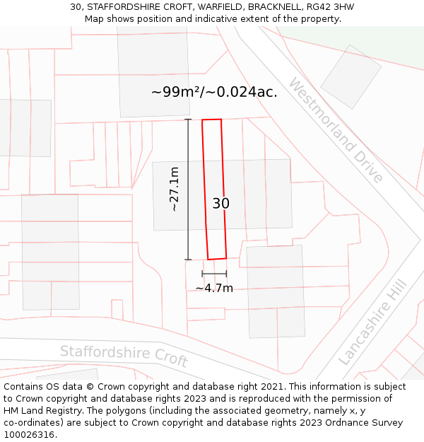 30, STAFFORDSHIRE CROFT, WARFIELD, BRACKNELL, RG42 3HW: Plot and title map