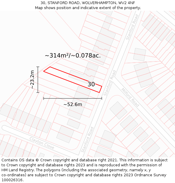 30, STANFORD ROAD, WOLVERHAMPTON, WV2 4NF: Plot and title map