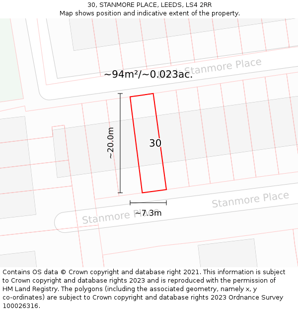 30, STANMORE PLACE, LEEDS, LS4 2RR: Plot and title map