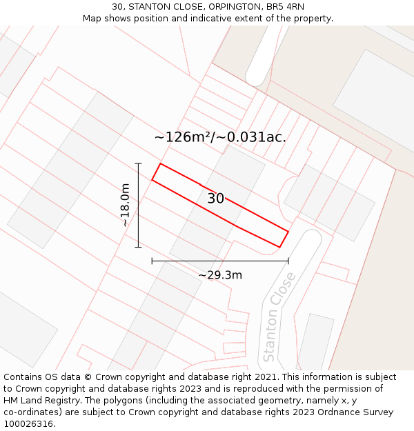 30, STANTON CLOSE, ORPINGTON, BR5 4RN: Plot and title map