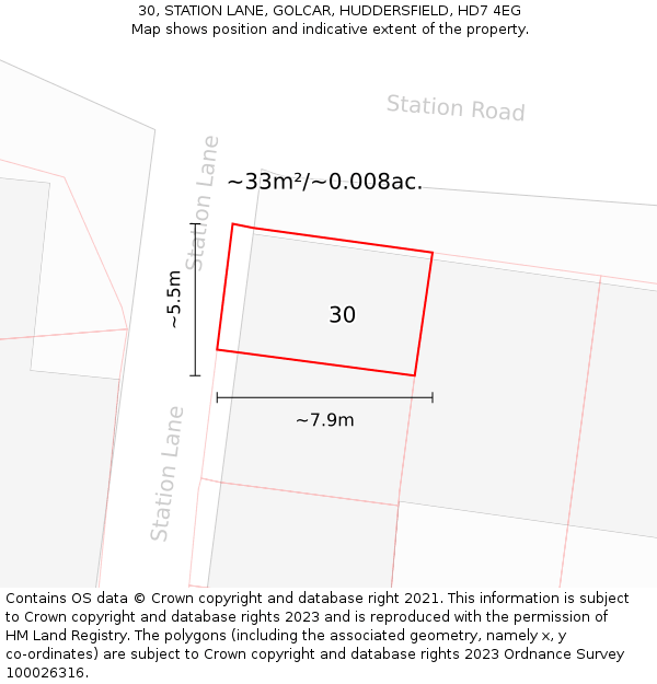 30, STATION LANE, GOLCAR, HUDDERSFIELD, HD7 4EG: Plot and title map