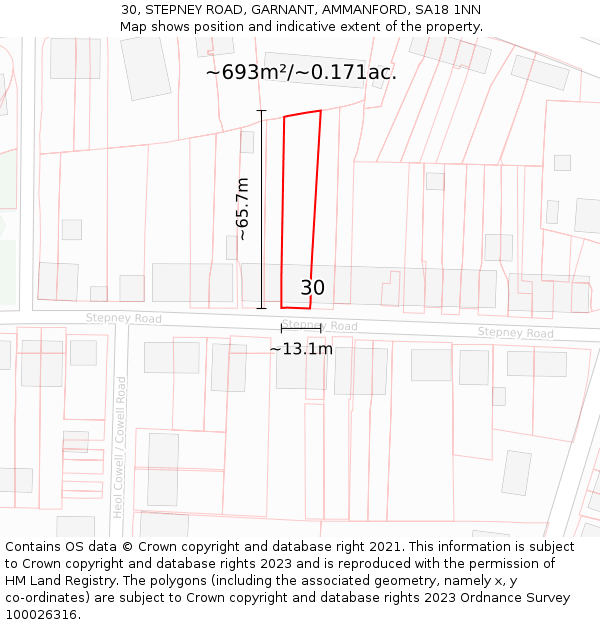 30, STEPNEY ROAD, GARNANT, AMMANFORD, SA18 1NN: Plot and title map