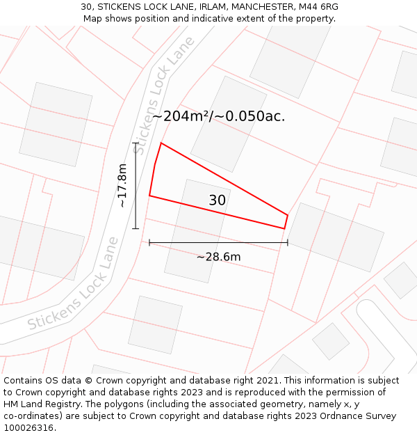 30, STICKENS LOCK LANE, IRLAM, MANCHESTER, M44 6RG: Plot and title map