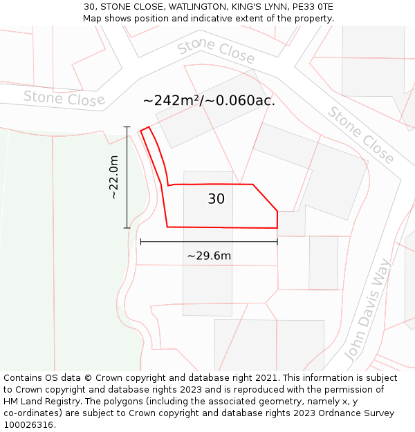 30, STONE CLOSE, WATLINGTON, KING'S LYNN, PE33 0TE: Plot and title map