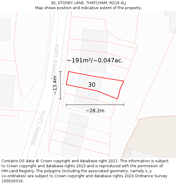 30, STONEY LANE, THATCHAM, RG19 4LJ: Plot and title map