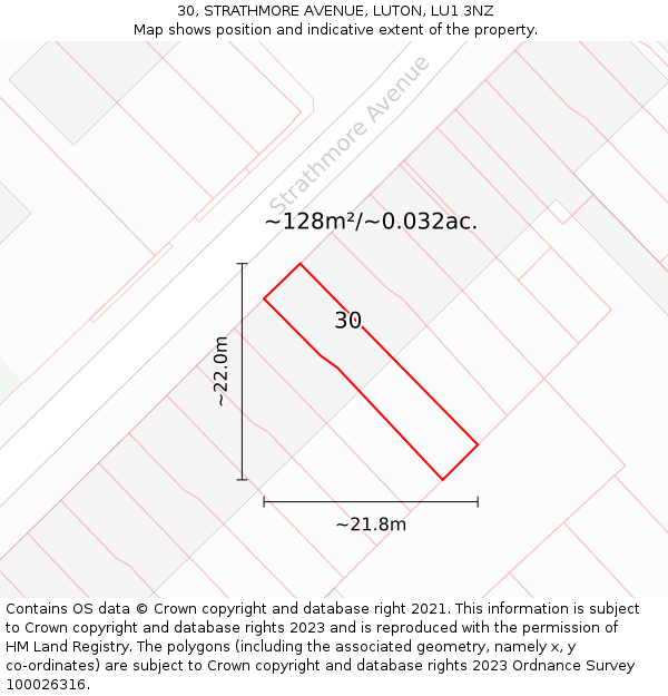 30, STRATHMORE AVENUE, LUTON, LU1 3NZ: Plot and title map