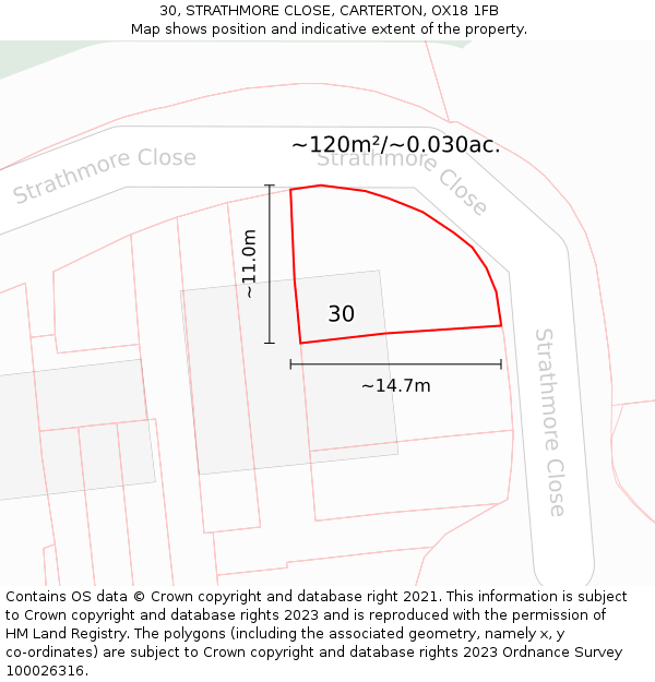 30, STRATHMORE CLOSE, CARTERTON, OX18 1FB: Plot and title map