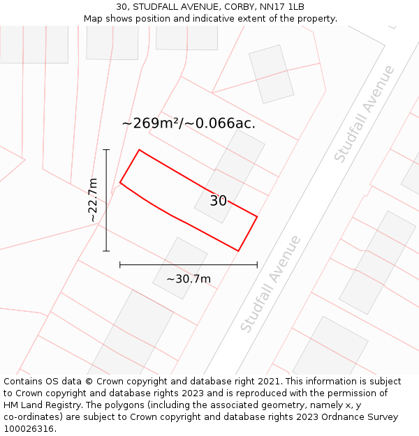 30, STUDFALL AVENUE, CORBY, NN17 1LB: Plot and title map